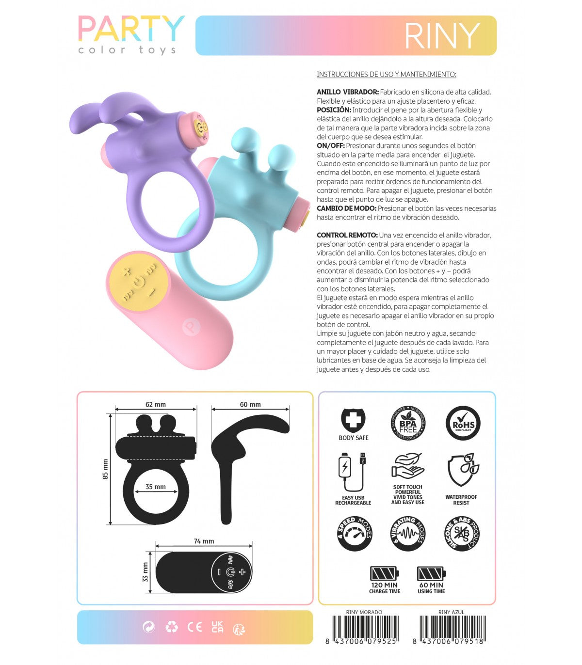 PARTY COLOR TOY VIBRATING RING RINY W/ REMOTE LILAC SILICONE USB